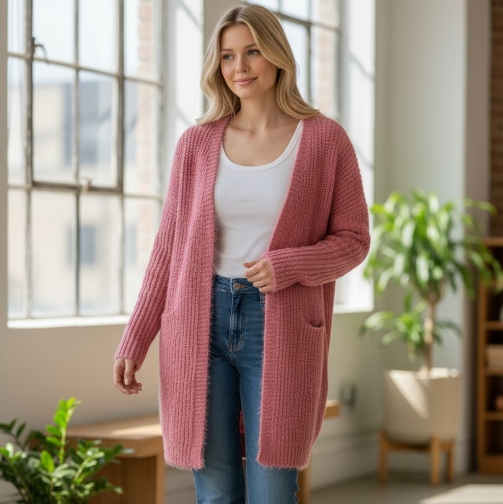 🦜 2/$10 QED London Long Open Front Cardigan in Rust-Orange Color. Large.